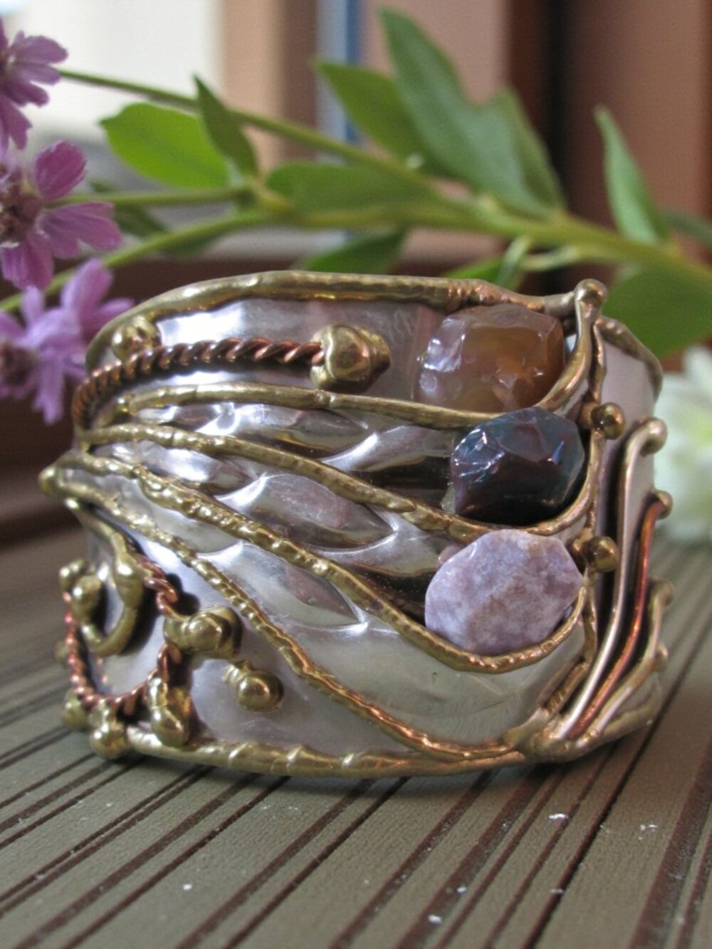Sterling Silver, Tumbled Stone Cuff, Mixed Metals